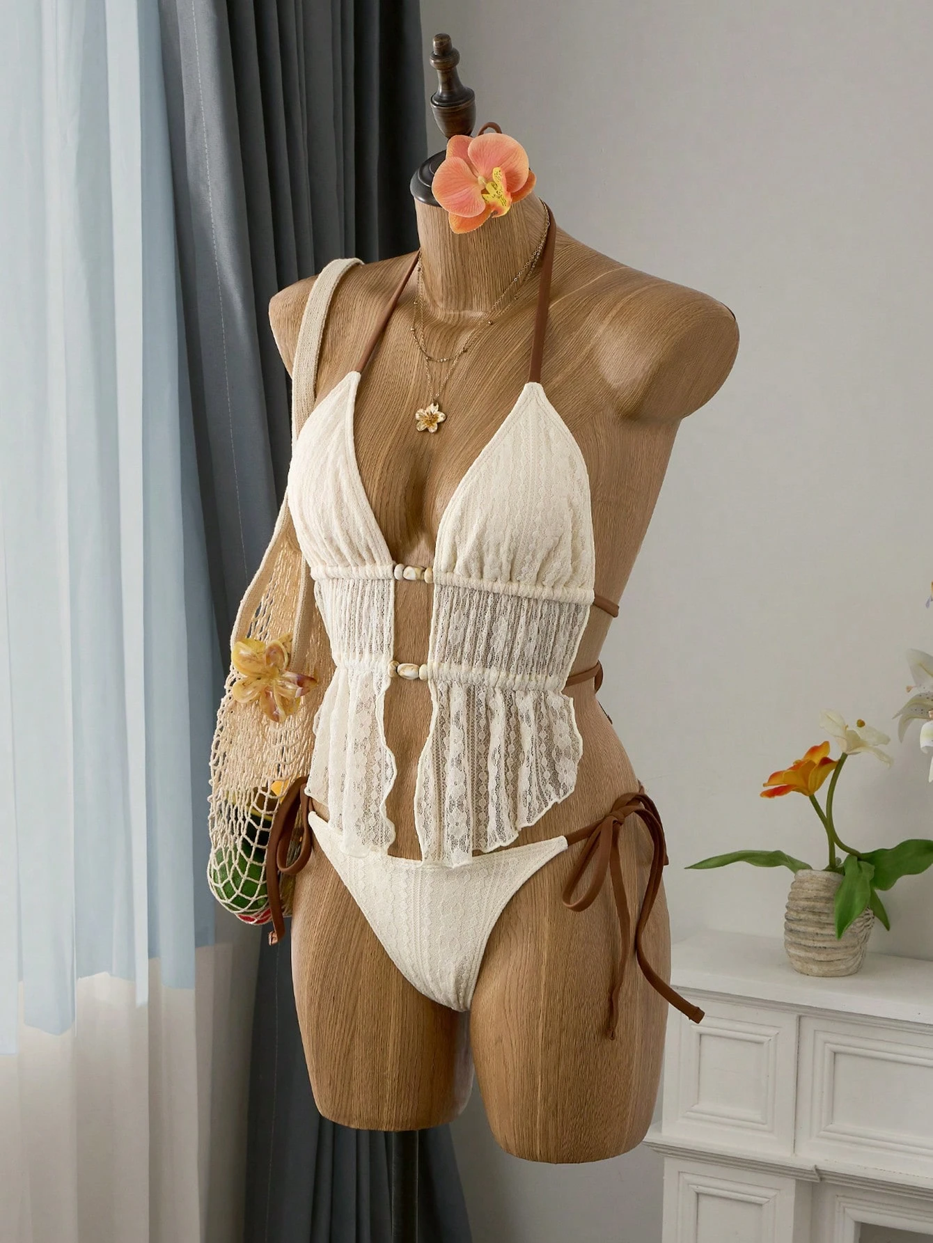 Cocktail Shaker Set - Cream Lace Halter Neck Tankini Set